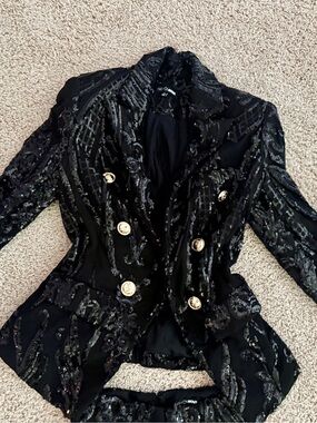 Fashion Nova Black Sequin Double-Breasted Blazer with Gold Buttons